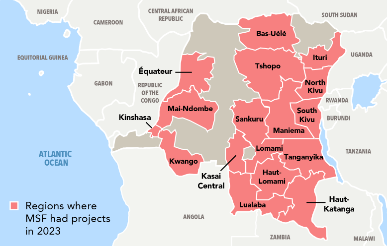 A map of Democratic Republic of Congo, highlighting where MSF had projects in 2023.