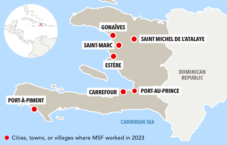 A map of Haiti, highlighting where MSF had projects in 2023.