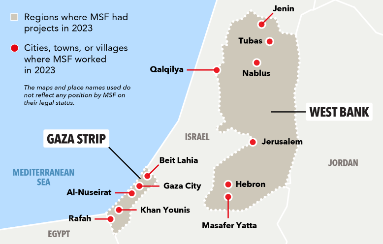 A map of Palestine, highlighting where MSF had projects in 2023.