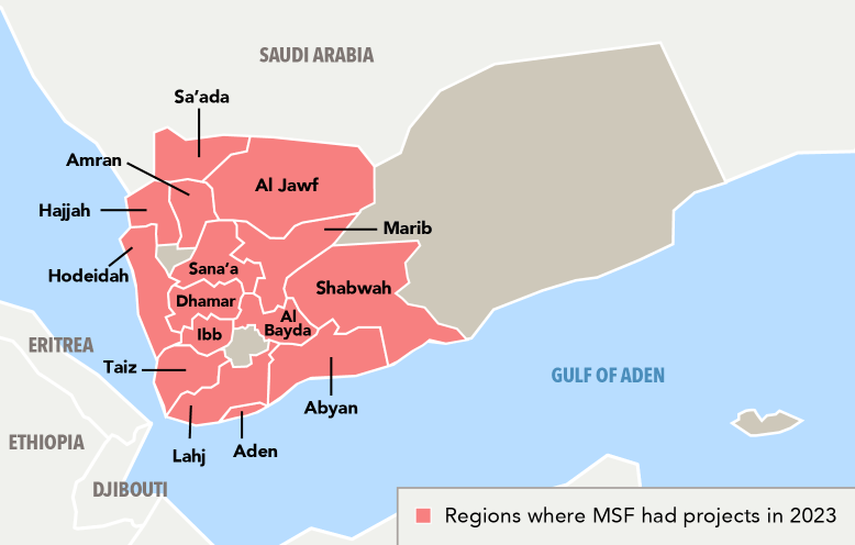 A map of Yemen, highlighting where MSF had projects in 2023.