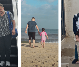 Dr. Sohaib Safi, MSF doctor, with his daughter on the beach in Gaza