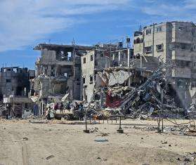 Ruins of the Al-Shifa Hospital area in Gaza after Israeli forces' siege in March 2024.