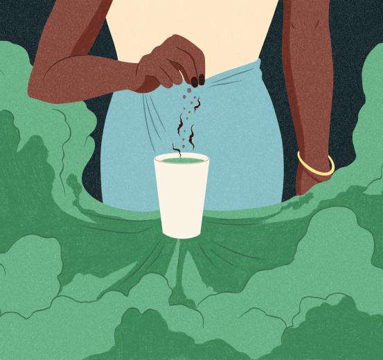 Illustration by Alice Wietzel of a woman dropping tablets into a cup and green smoke coming out